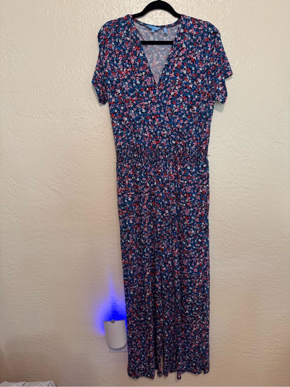 Draper James Navy Floral Short-Sleeve Jumpsuit with V-Neck